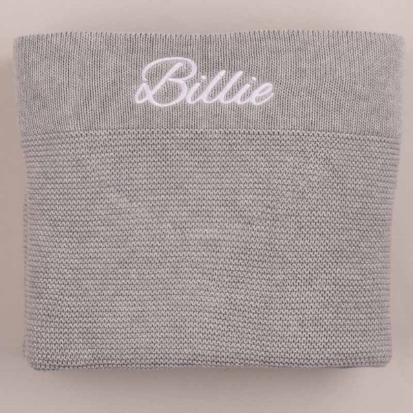 Personalised Grey Large Baby Knitted Blanket embroidered with Billie unisex gift.