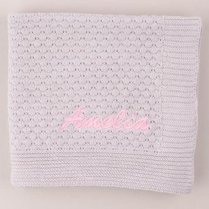 Personalised Light Grey Bubble Baby Blanket embroidered with girls name.