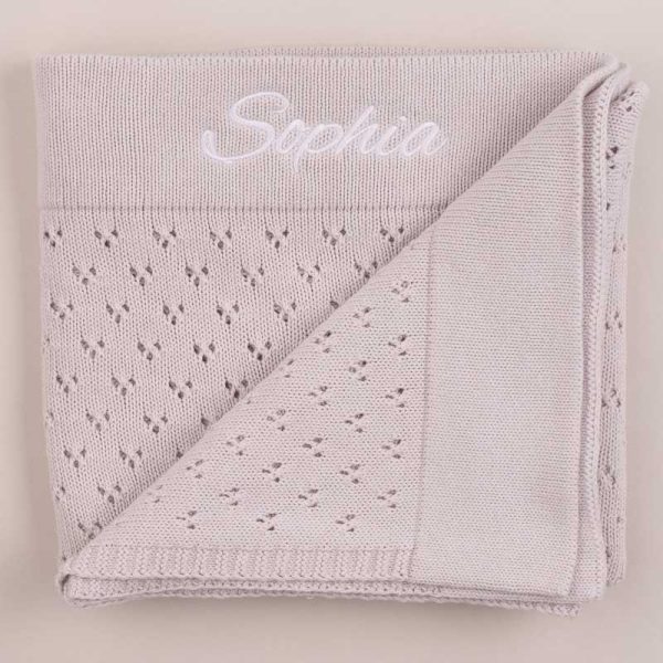 Personalised Light Grey Pointelle Baby Knitted Blanket embroidered with girls name Sophia.