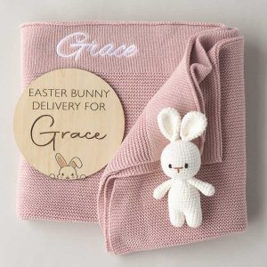 Blush Pink Blanket, Easter Delivery Disc and Bunny Baby Girl Gift set.