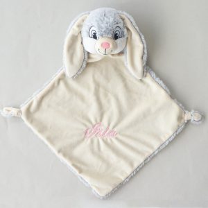 Personalised Baby Comforter Grey Bunny embroidered with girls name Isla.