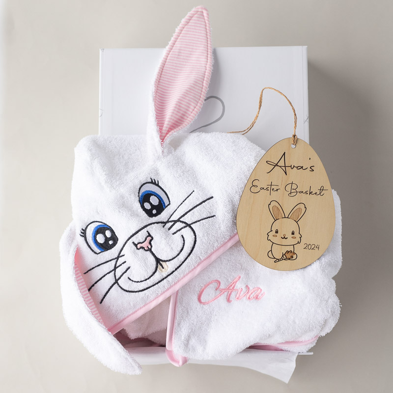 Personalised Bunny Robe and Easter Basket Disc Baby Gift in a box.