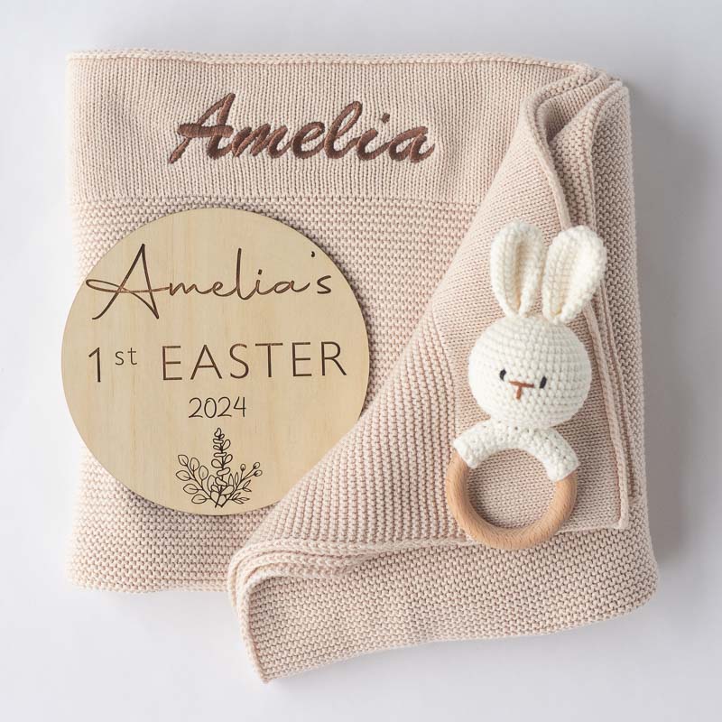 Personalised beige baby blanket, bunny rattle teether and 1st Easter announcement disc newborn gift.