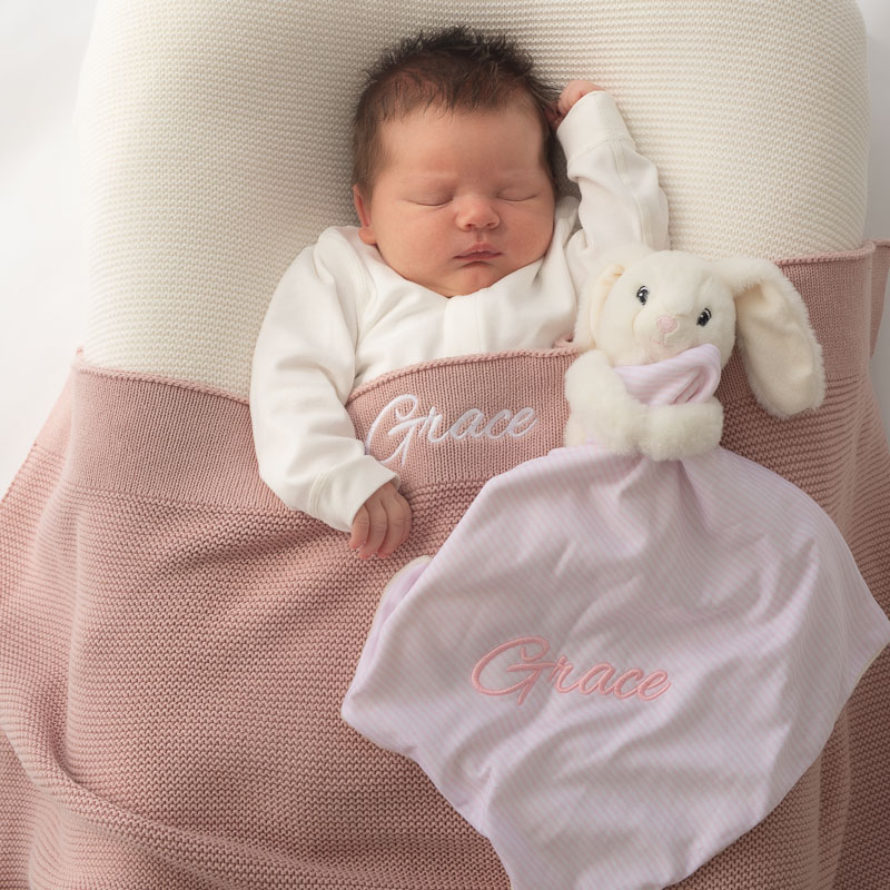 Blush pink personalised baby blanket and bunny comforter.