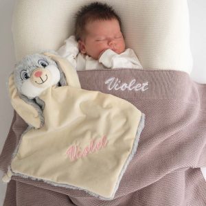Personalised Dusty Lilac Knitted Blanket and Grey Bunny Baby Gift for girls.