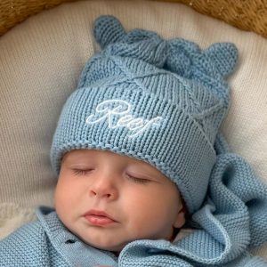 Blue Personalised Diamond Baby Beanie - Sleeping Baby.