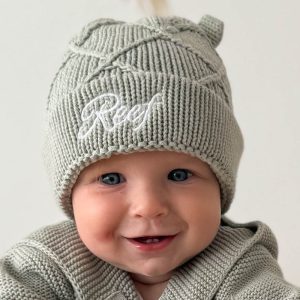 Green Sage Personalised Diamond Baby Beanie -Reef.