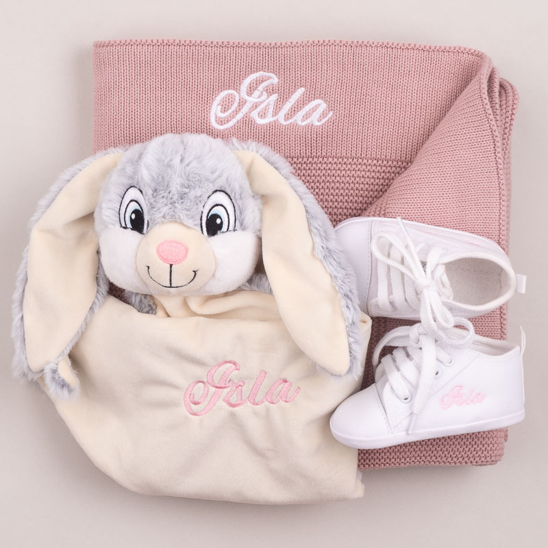 Personalised Grey Bunny, Blush Pink Blanket and Shoes Baby Gift.