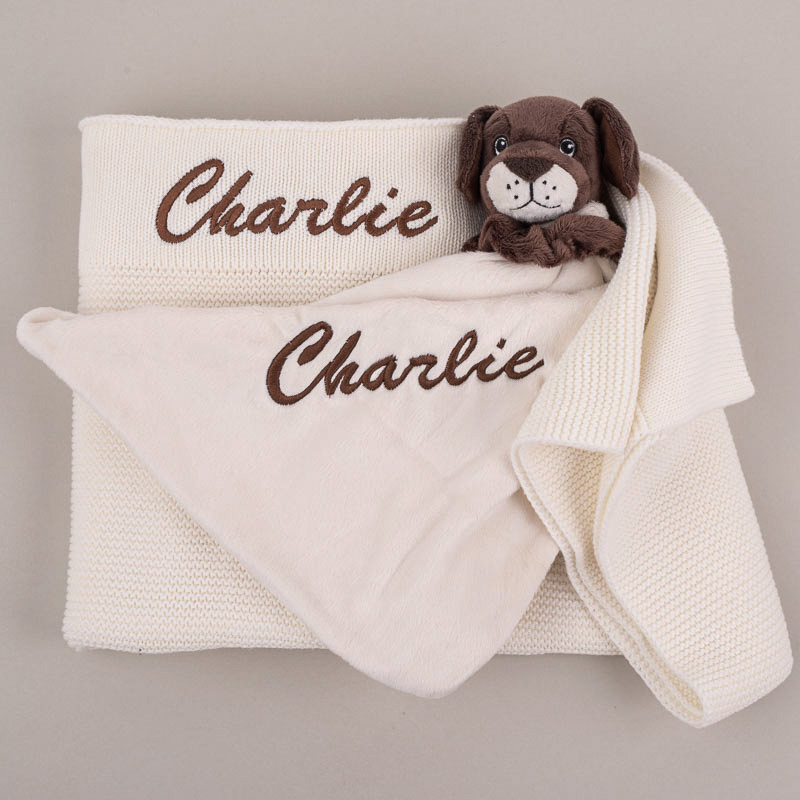 Personalised White Knitted Blanket and Puppy Comforter Baby Christening gift with name embroidery.