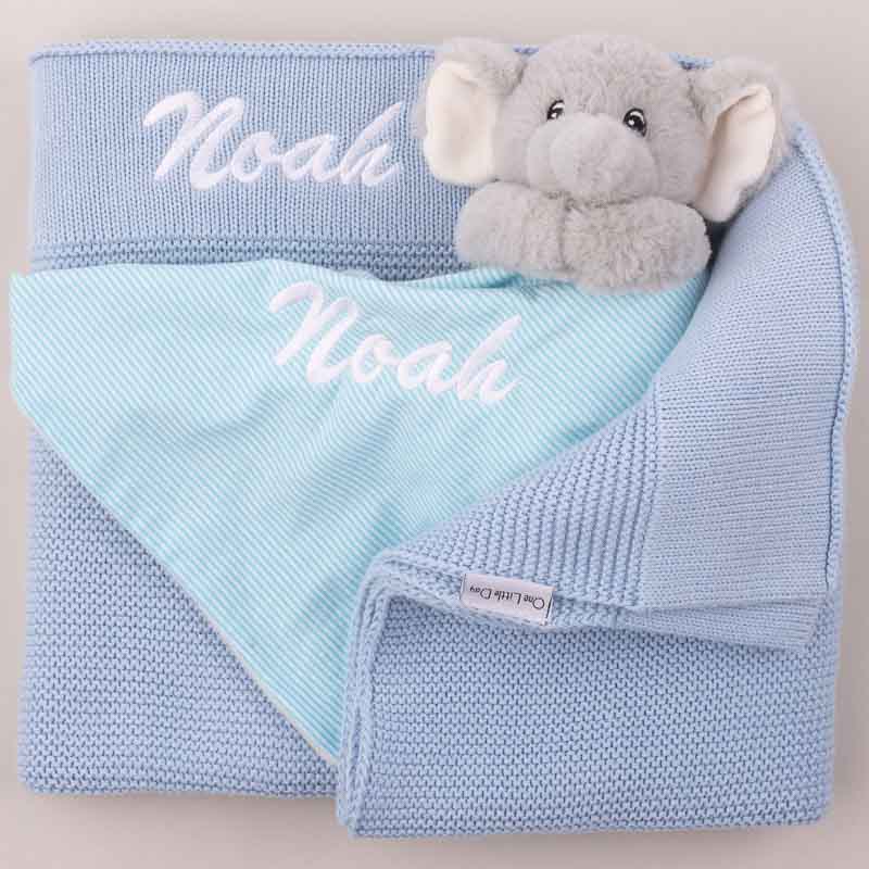 Personalised blue knitted baby blanket and elephant comforter gift set for boys.