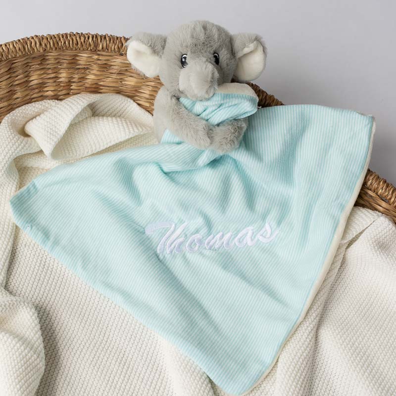 Personalised elephant baby comforter Thomas newborn boy gift.