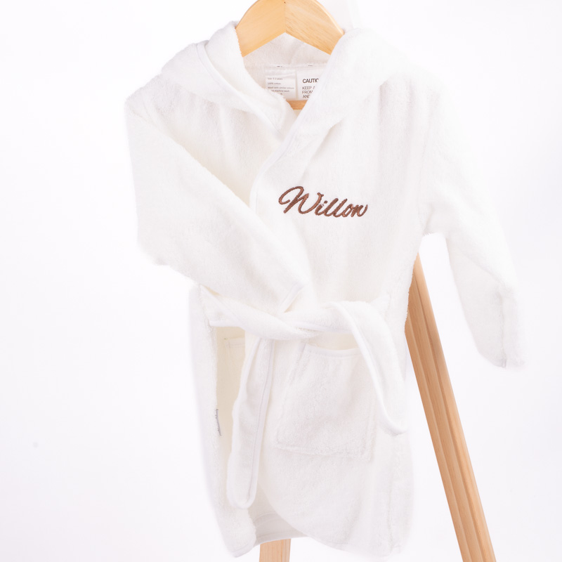 Personalised white hooded baby bath robe with embroidery 1 year old gift.