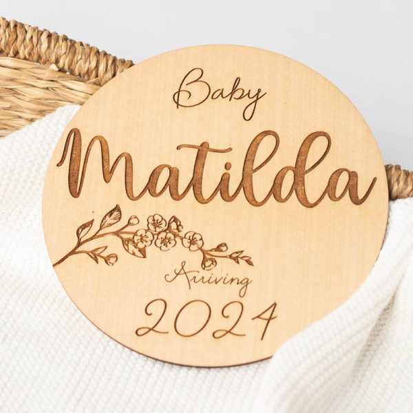 Engraved wooden birth announcement disc with the girls name Matilda.