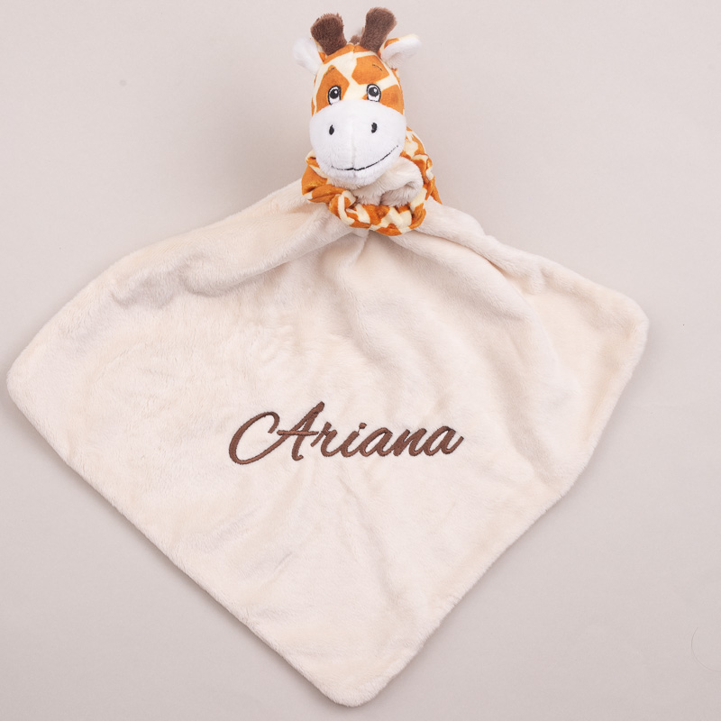 Personalised Giraffe Baby Comforter embroidered with girls name Ariana.