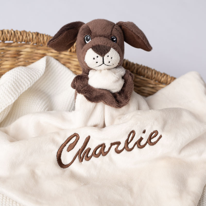 Personalised puppy baby comforter Charlie Personalised puppy baby comforter embroidered with the name Charlie.