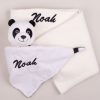 White Knitted Blanket Panda Baby Gift A panda baby comforter and white knitted blanket embroidered with the name Noah.