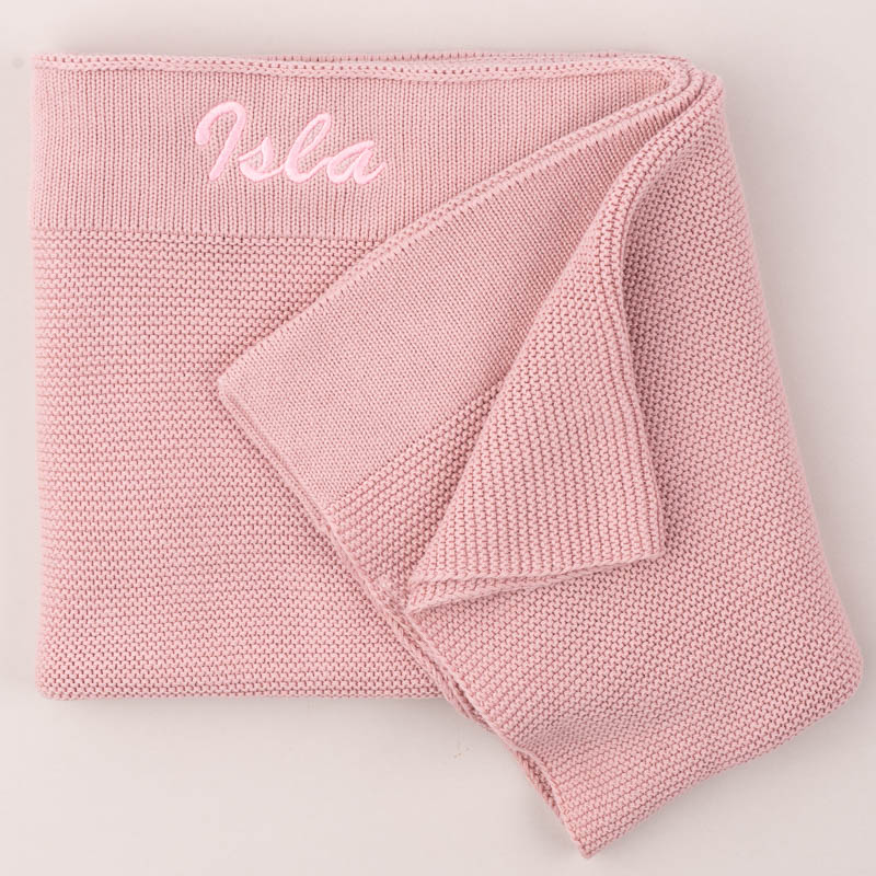 Personalised Blush Pink Knitted Blanket for Babies Embroidered with Isla.