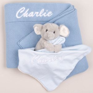 Personalised Blue Baby Blanket And Elephant baby boy gift hamper.
