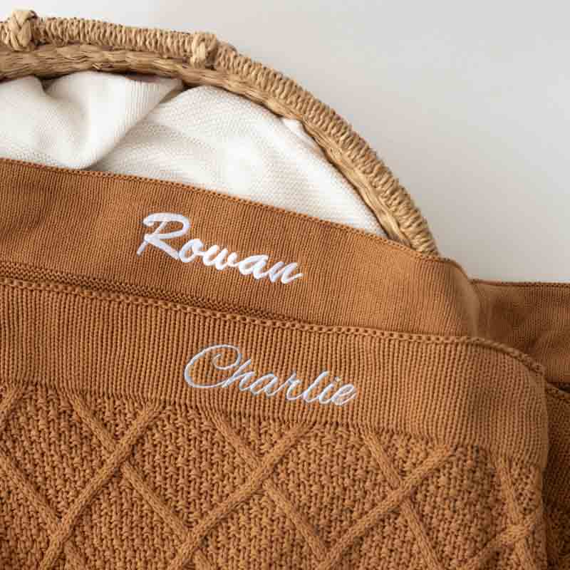 Brown Personalised Baby Blankets embroidered with boys names.