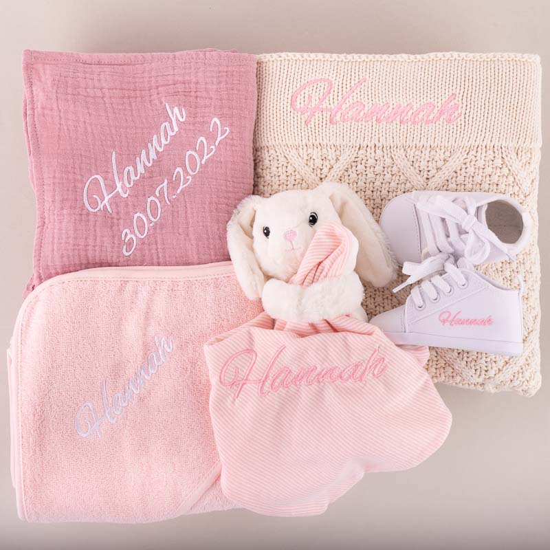 Personalised Baby Girl Hamper embroidered with the name Hannah.