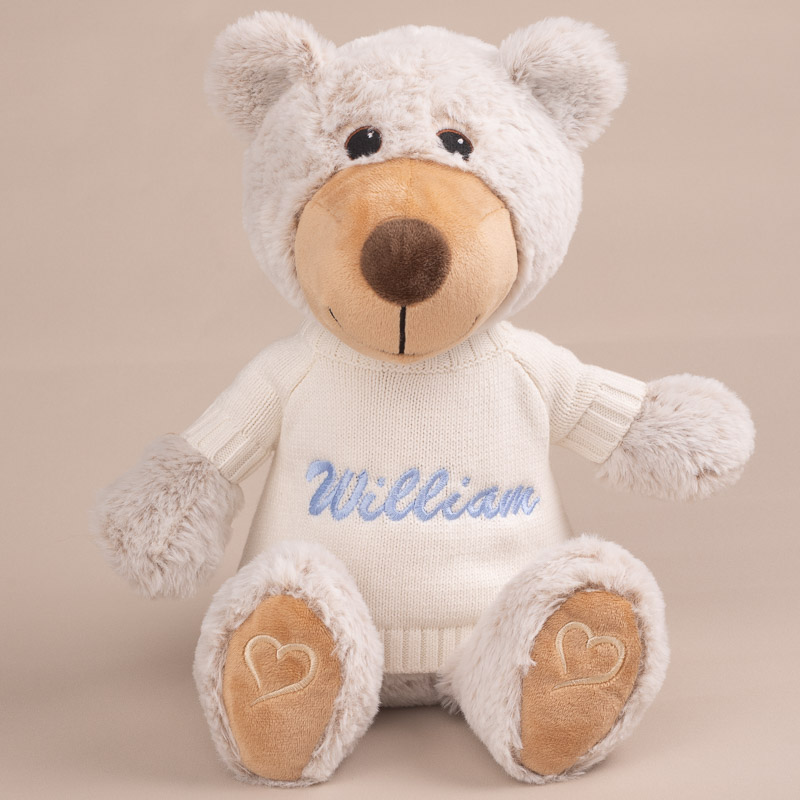 Personalised Teddy Bear Baby Gift Personalised with the boys name William.