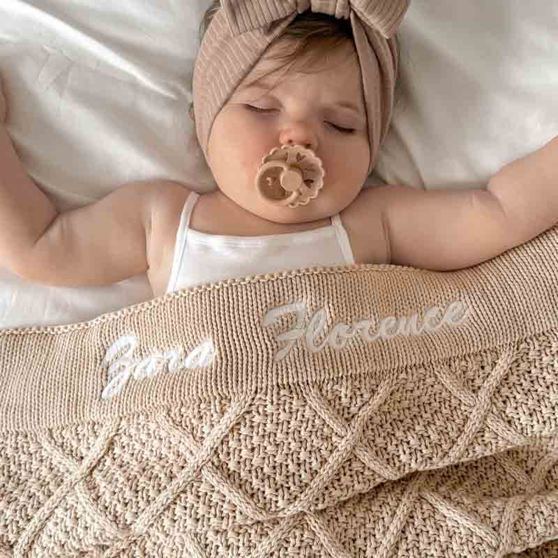 Baby girl with Personalised Beige Diamond Blanket.