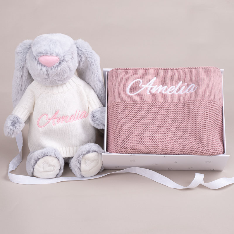 Personalised Bunny And Blanket Baby Girl Gift embroidered with the name Amelia,