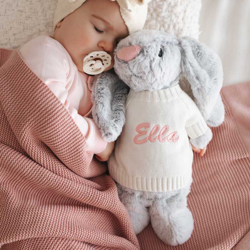 Blush pink baby blanket and bunny personalised gift.