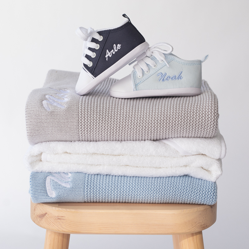 Baby Boy Gift Ideas Blankets And Shoes personalised with baby names.