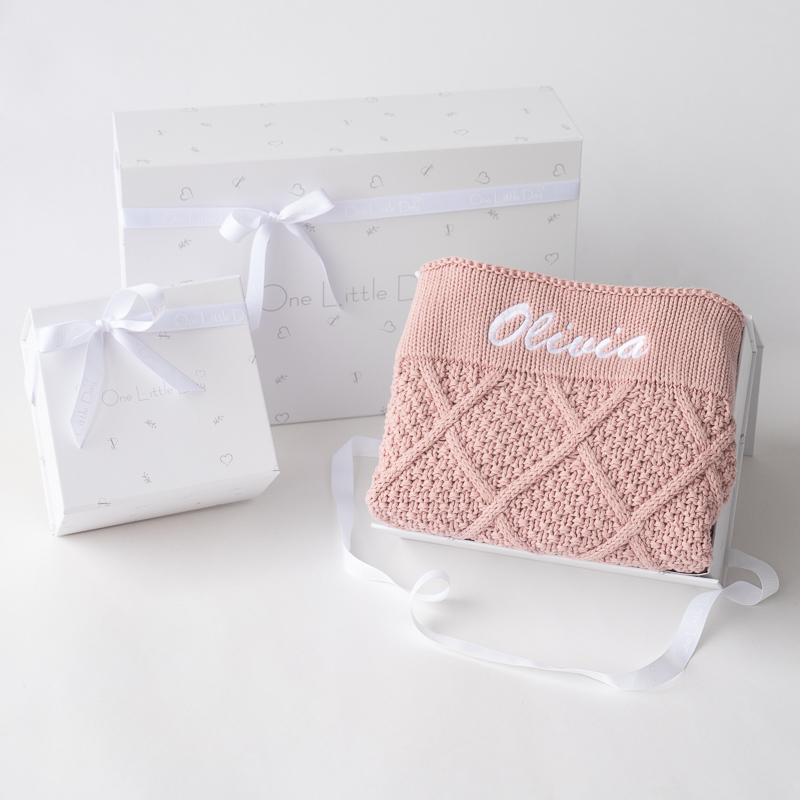 Blush Pink Personalised Knitted Baby Blanket in a gift box.