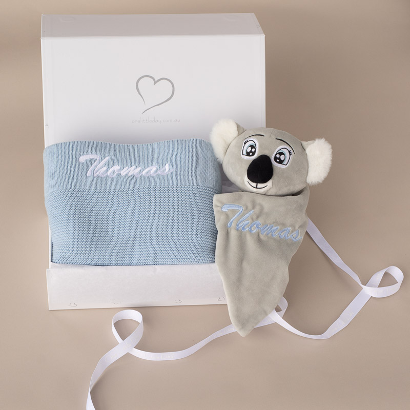 Personalised Blue Blanket & Koala Baby Comforter in a gift box with ribbon.
