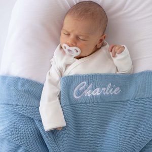 Personalised Blue Knitted Baby Blanket with the name Charlie.