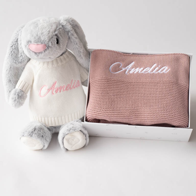Personalised Bunny & Blanket Baby Gift for girls.