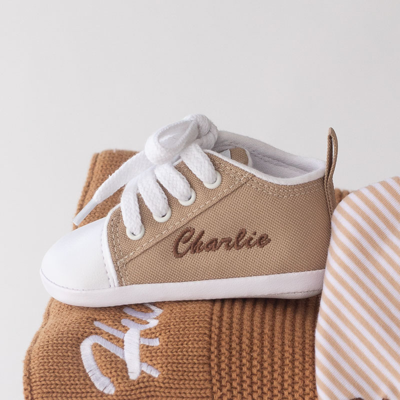 Personalised Prewalker Baby Shoes embroidered with the name Charlie.