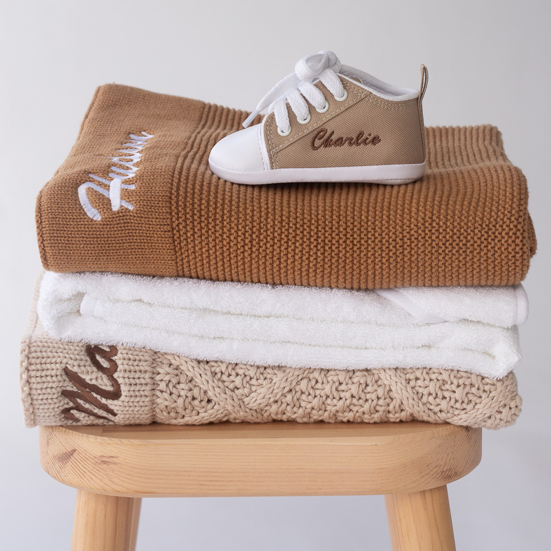 Personalised Unisex Baby Gifts embroidered with baby names.