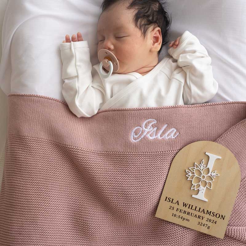 Personalised Blush Pink Baby Girl Blanket And Birth Disc.