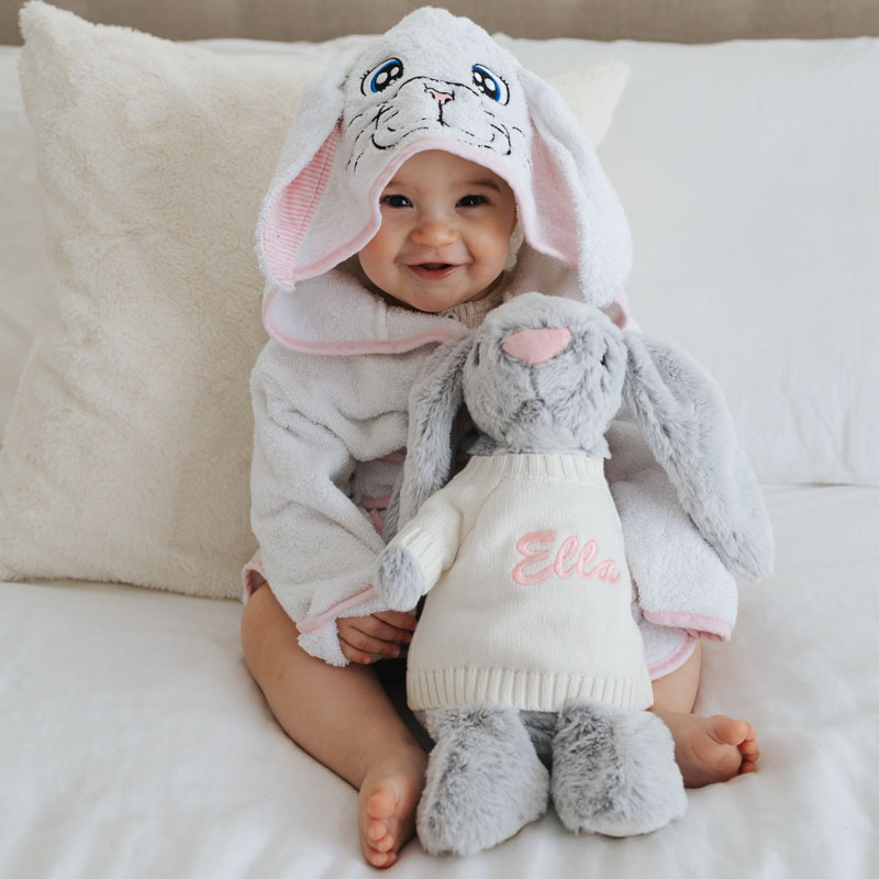 Baby Girl In Bunny Robe With Bunny Plush personalised 1 year old gift.