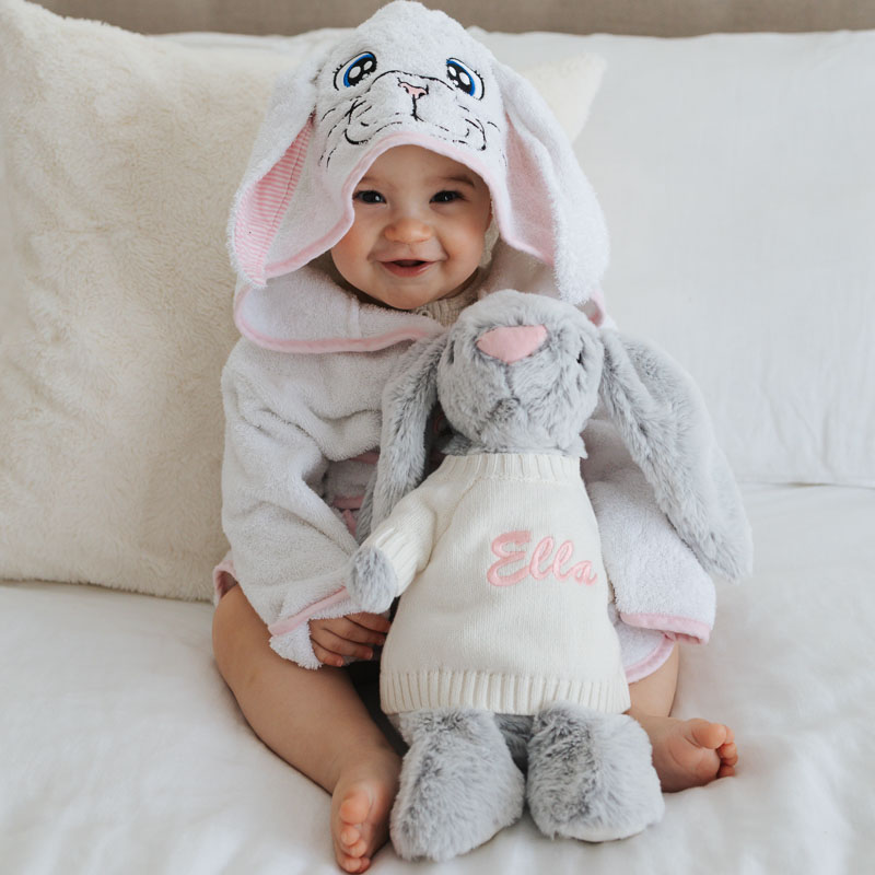 Baby Wearing personalised bunny robe and cuddling personalised bunny 1 year old gift gift.