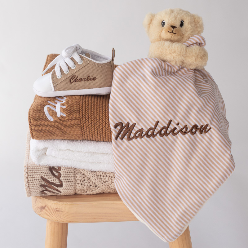 Beige & Brown Unisex Baby Gift Ideas personalised with baby names.