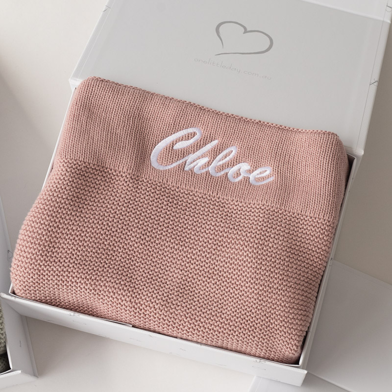 Blush Pink Personalised Baby Blanket embroidered with girls name Chloe.
