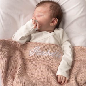Baby Girl With Personalised Baby Blanket Pink And Gold