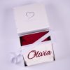 Burgundy Christmas Baby Hat Gift Box Burgundy personalised baby Christmas hat folded in open One Little Day gift box with white ribbon bow.