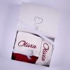 Burgundy Christmas Stocking & Hat Baby Gift Set Gift Box Burgundy personalised baby Christmas stocking and hat set folded side by side in open One Little Day gift box with white ribbon bow.