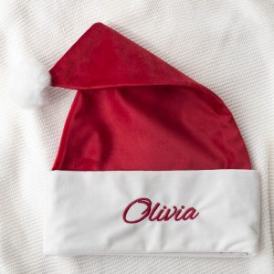 Burgundy Baby Christmas Hat Natural Light Personalised with name Olivia in red
