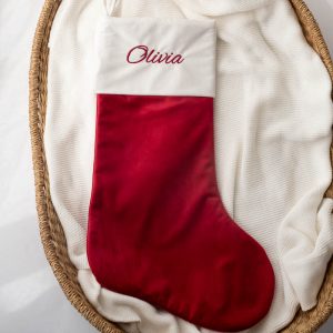 Burgundy Christmas Stocking Natural Light with name Olivia embroided in red
