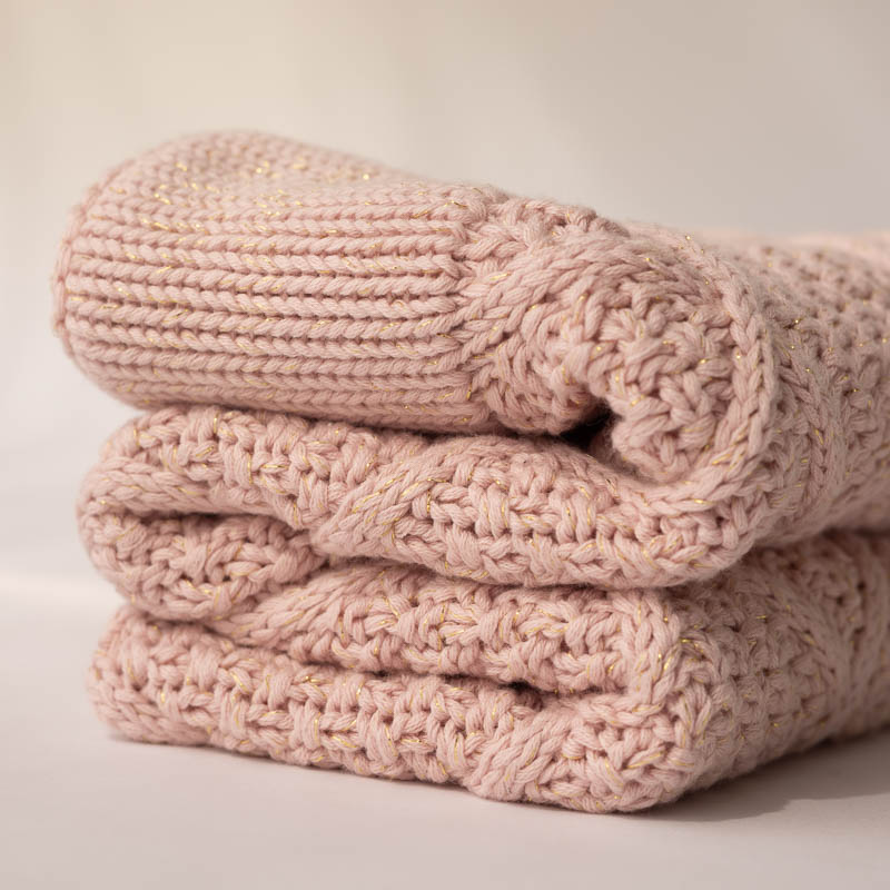 Personalised Pink Gold Baby Blanket Diamond Knitted Folded