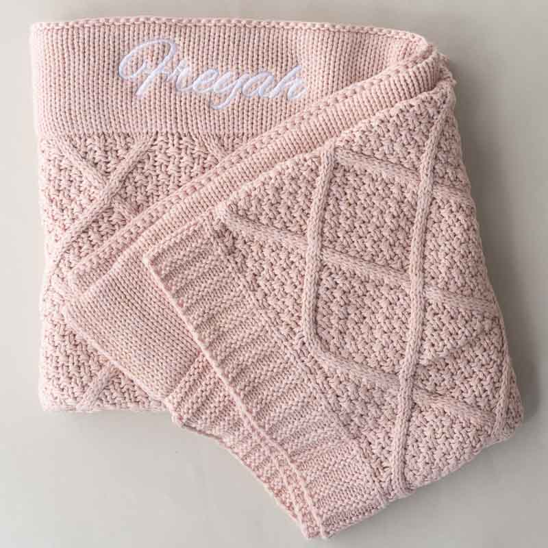Personalised Pink Gold Baby Blanket Diamond Knitted with aname Freyah in white