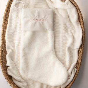 Personalised White Christmas Stocking with baby name Amelia embroided in pink