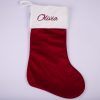 Burgundy Baby Christmas Stocking Olivia Large burgundy velvet personalised Christmas stocking with cream cuff and burgundy embroidered script name on white background.