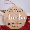 My First Christmas Disc Acrylic Name Personalised wooden Christmas bauble engraved with My First Christmas and Amelia in white with kangaroo sleigh design and 2026